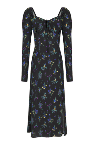 Frilled Shoulder Tie Detailed Collar Patterned Midi Black Dress